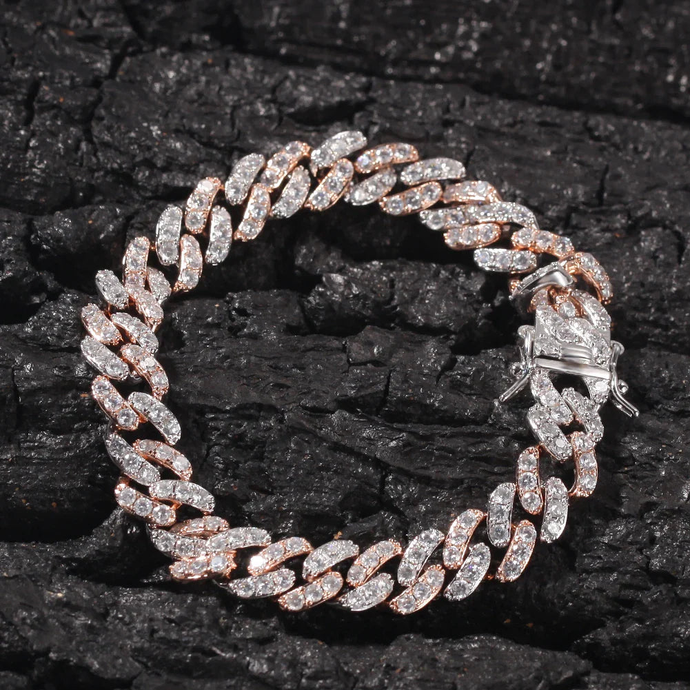 Bracelet 9mm Iced Out Rose Gold Silver Color Cuban Link With White & Pink Cubic Zirconia Jewelry