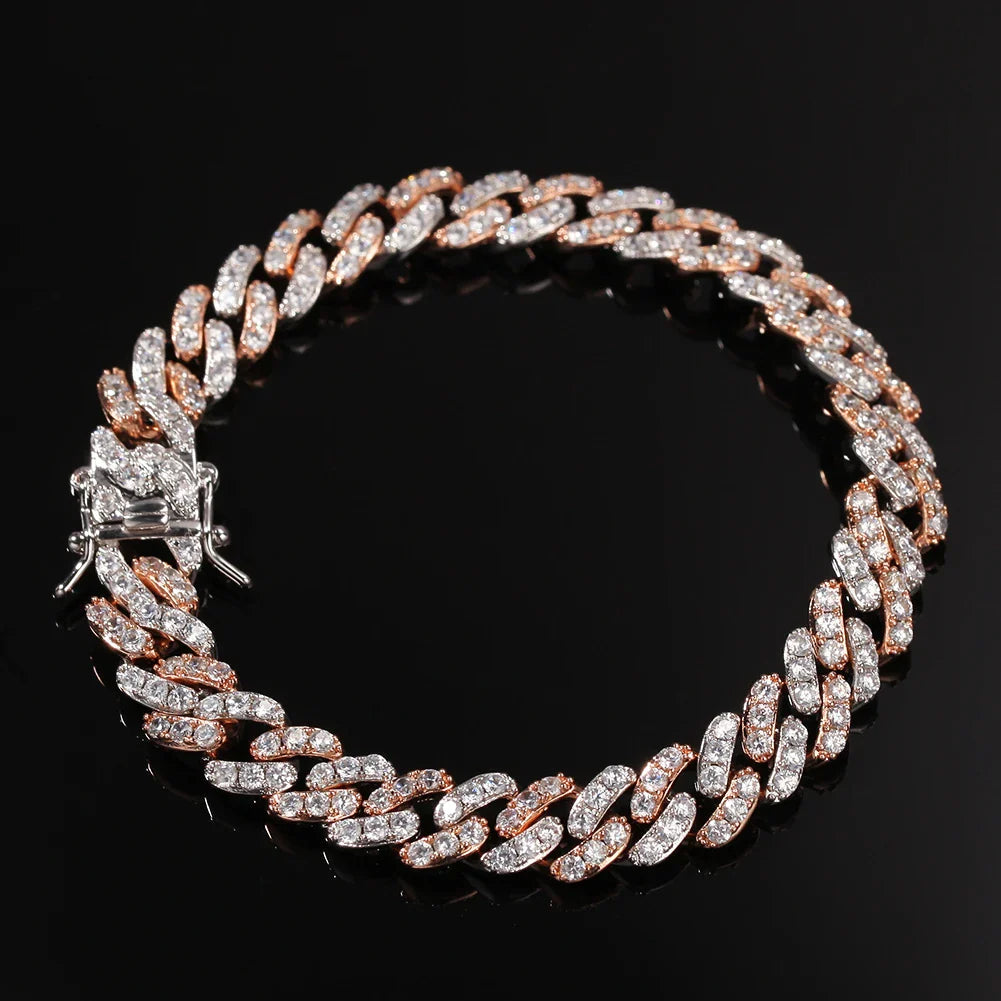 Bracelet 9mm Iced Out Rose Gold Silver Color Cuban Link With White & Pink Cubic Zirconia Jewelry