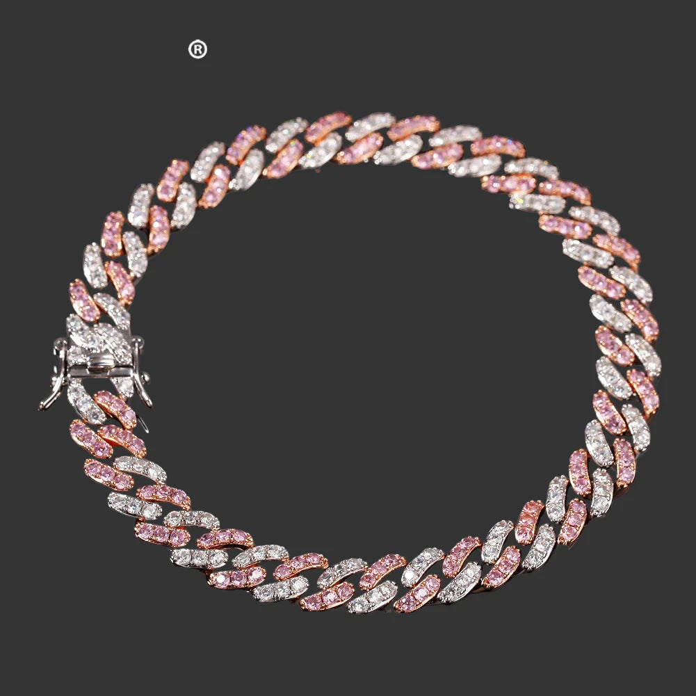 Bracelet 9mm Iced Out Rose Gold Silver Color Cuban Link With White & Pink Cubic Zirconia Jewelry