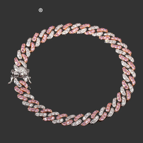 Bracelet 9mm Iced Out Rose Gold Silver Color Cuban Link With White & Pink Cubic Zirconia Jewelry
