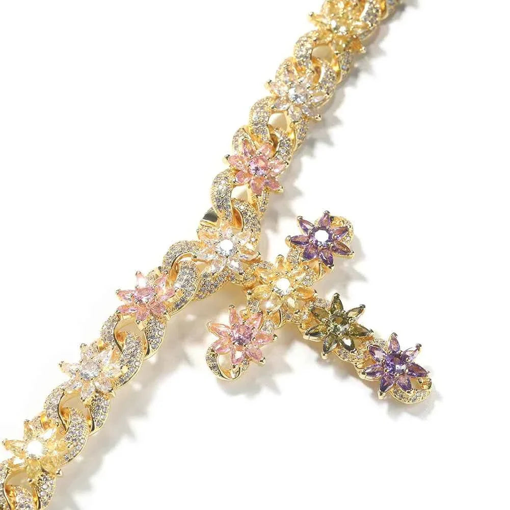 Multi Color Flower Cuban Chain Full Paved Iced Out Bling Cubic Zirconia Cross Charms Baguette