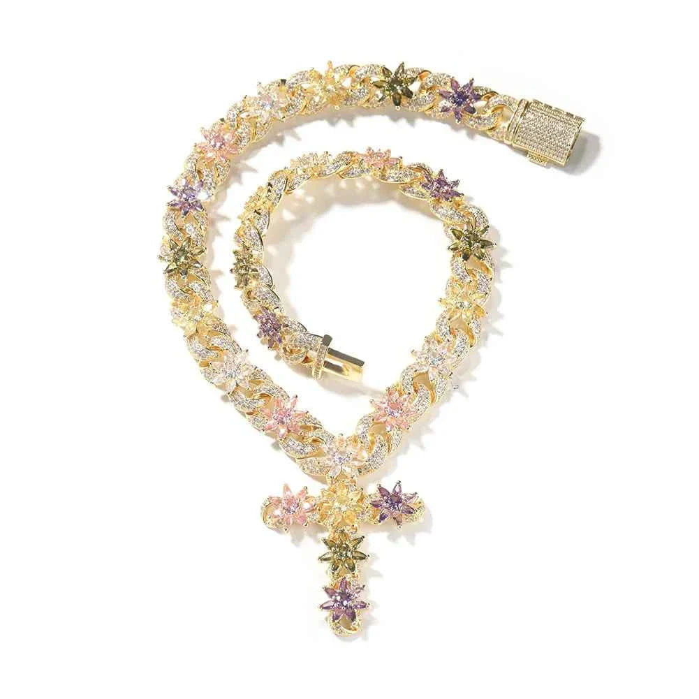 Multi Color Flower Cuban Chain Full Paved Iced Out Bling Cubic Zirconia Cross Charms Baguette