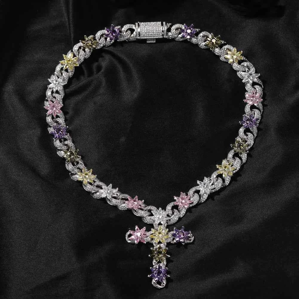 Multi Color Flower Cuban Chain Full Paved Iced Out Bling Cubic Zirconia Cross Charms Baguette