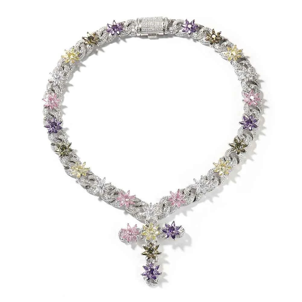 Multi Color Flower Cuban Chain Full Paved Iced Out Bling Cubic Zirconia Cross Charms Baguette