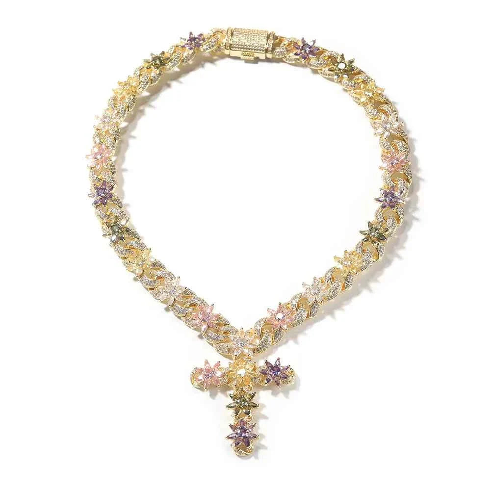Multi Color Flower Cuban Chain Full Paved Iced Out Bling Cubic Zirconia Cross Charms Baguette